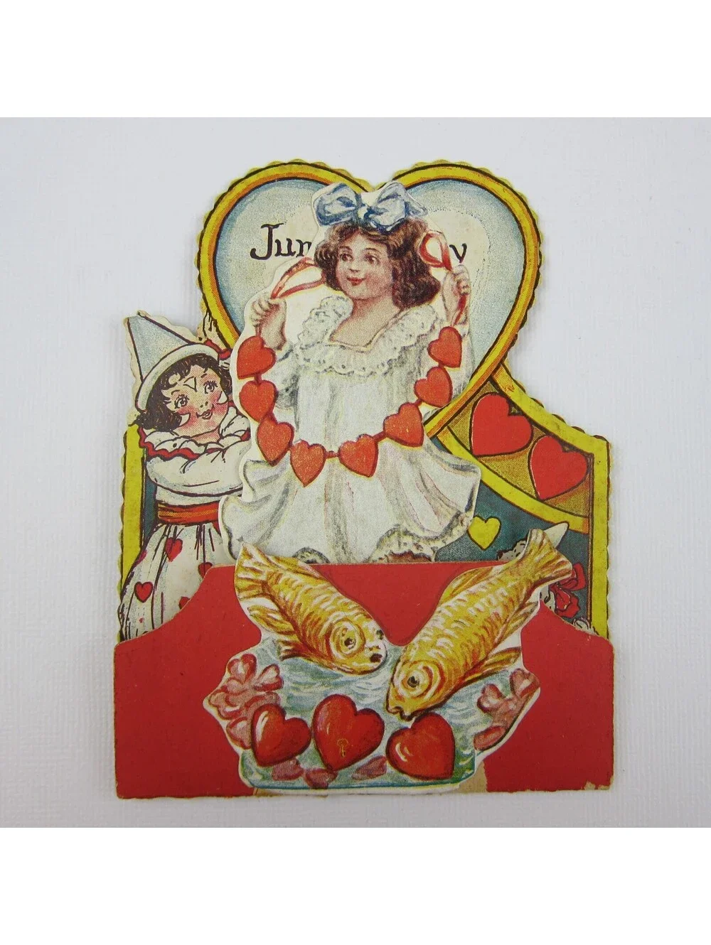 Antique Valentine Honeycomb 3D Pop Up Diecut Girl Boy Clown White Dog Fish Heart
